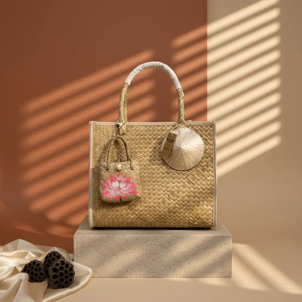 Sedge Bag + Charm and Conical Hat Set, 30x35cm