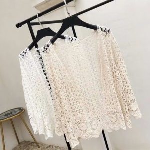 Kimono Lace Mesh Jacket (Beige/White)