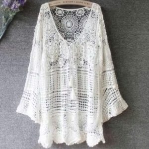Long Mesh Cover-Up with Neck Drawstring (Beige/White, Black)