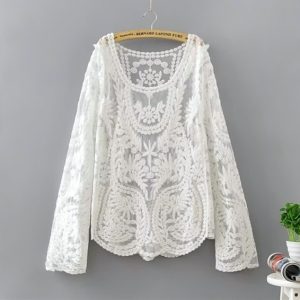 Long-Sleeve Lace Mesh Cropped Top (Black/Beige/White)
