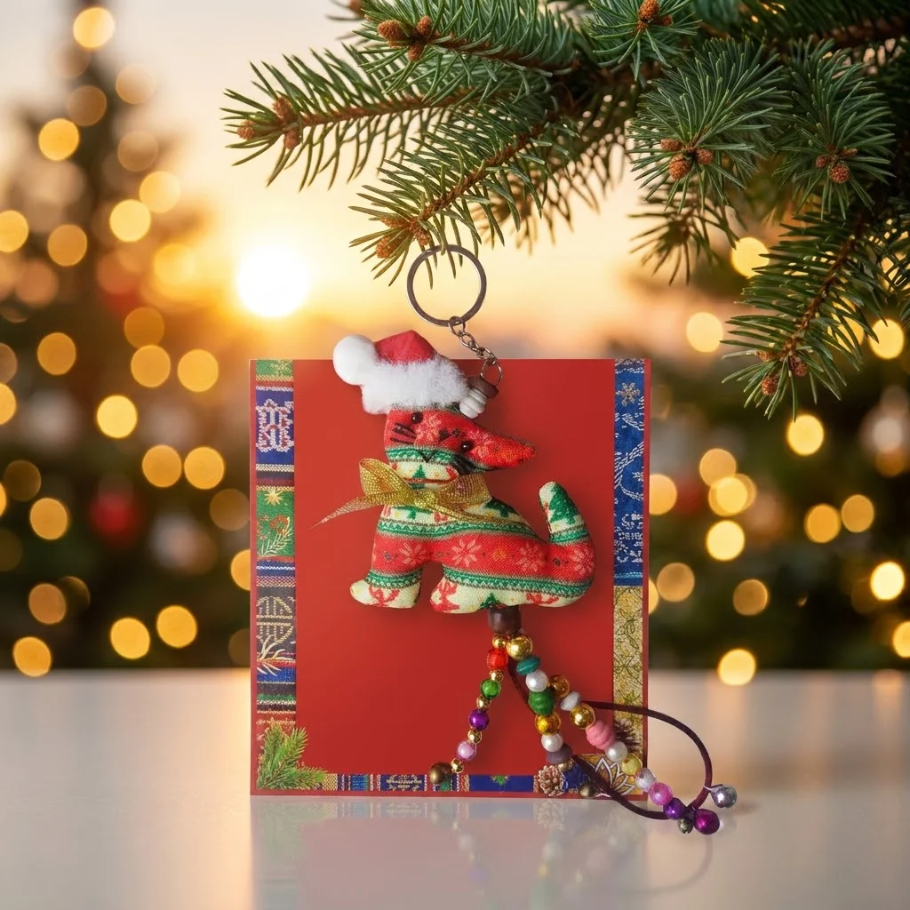 Christmas cat brocade keychain hanging on a Christmas tree