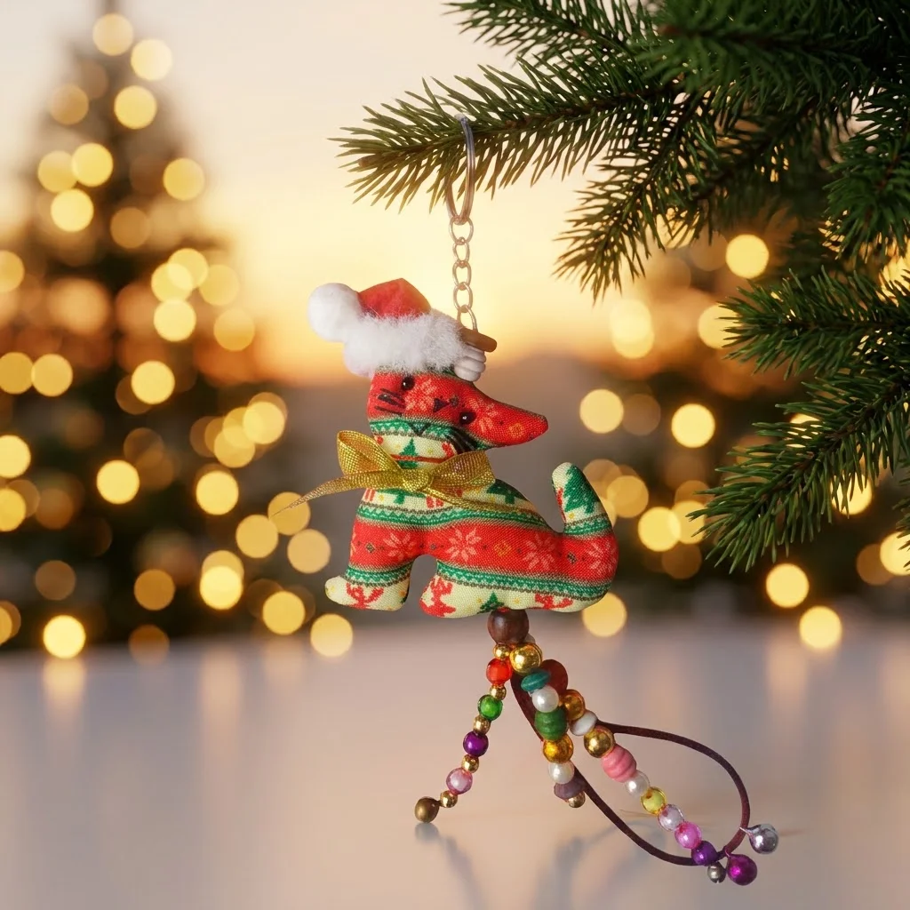 Brocade cat keychain wearing a red Santa hat