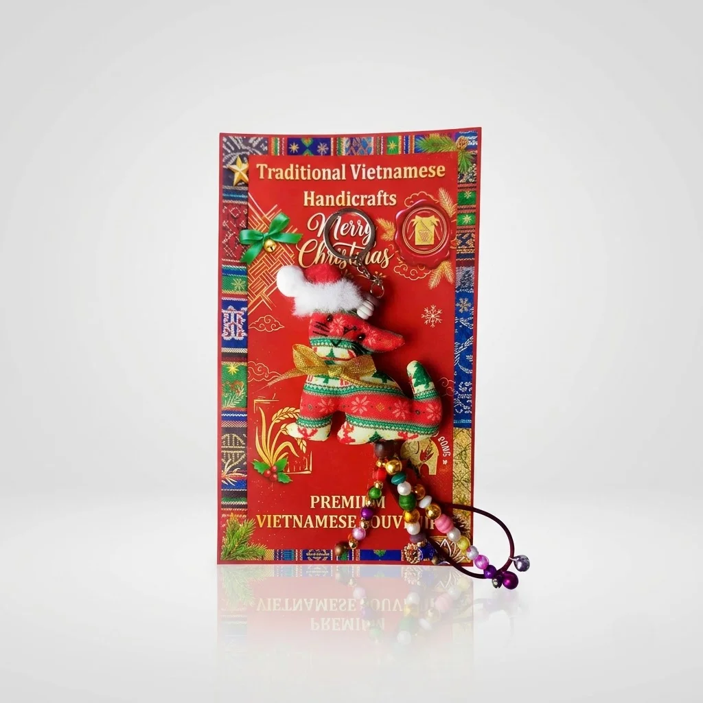 Christmas cat brocade keychain on a Merry Christmas gift card