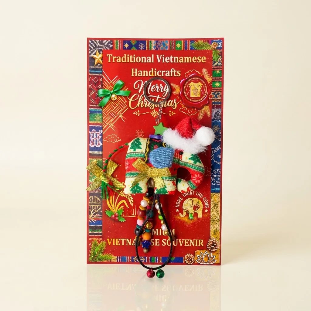 Móc khóa thổ cẩm voi Giáng Sinh gắn trên thẻ quà Merry Christmas