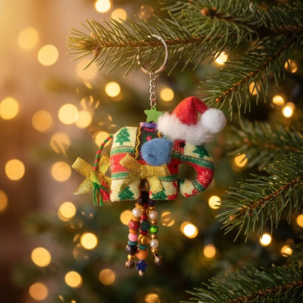 Móc khóa thổ cẩm voi Giáng Sinh treo trên cây thông Noel