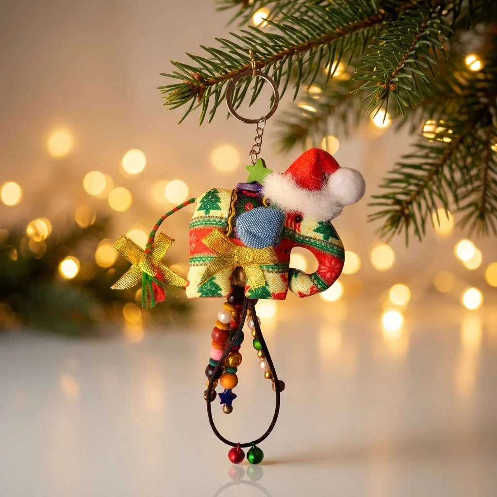 Móc khóa thổ cẩm voi đội mũ Noel đỏ, chuỗi hạt cườm nhiều màu