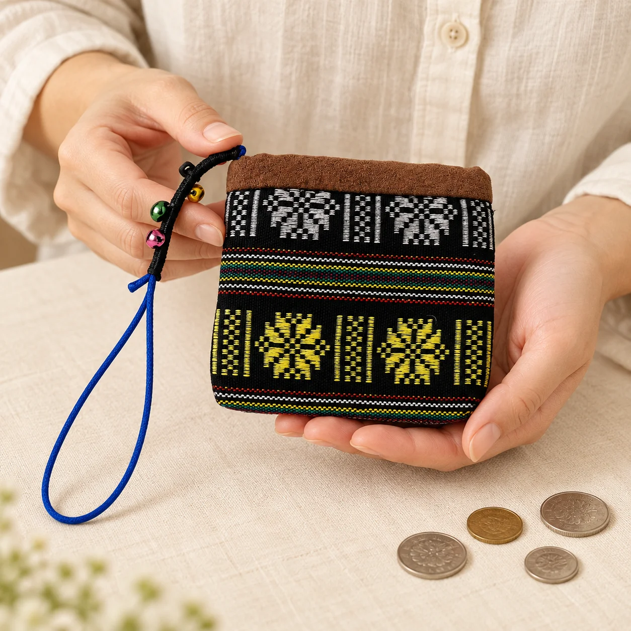 Small Brocade Coin Purse with Bells | Handmade - Image 2